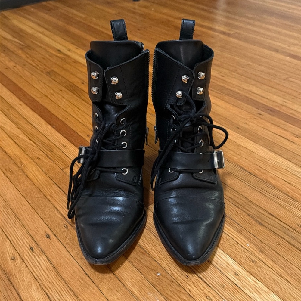 All Saints black leather pointed toe combat boots - size 37